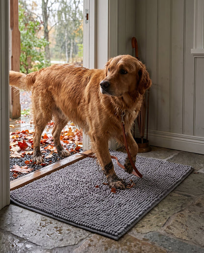 Golden retriever med leriga tassar kliver in på Tassro Mattan i hallen en regnig höstdag